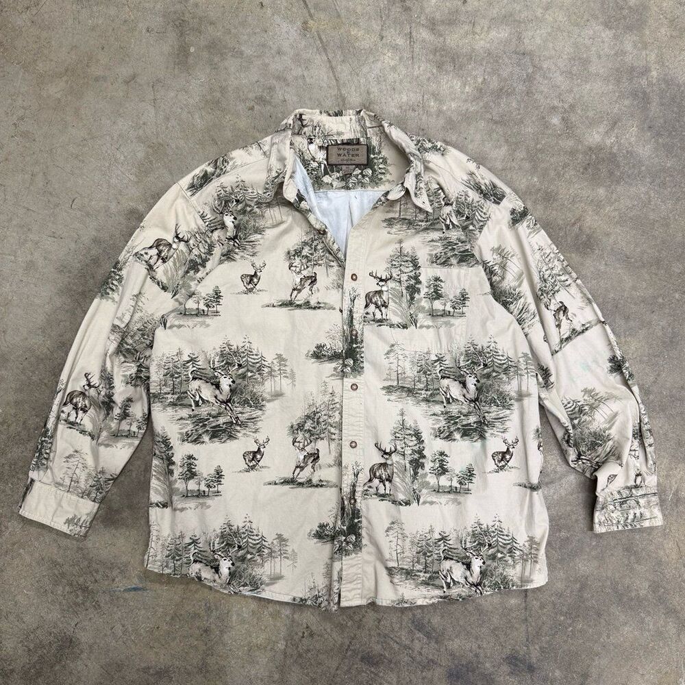Vintage retro camo Woods And Water Deer Print Button-Down Shirt